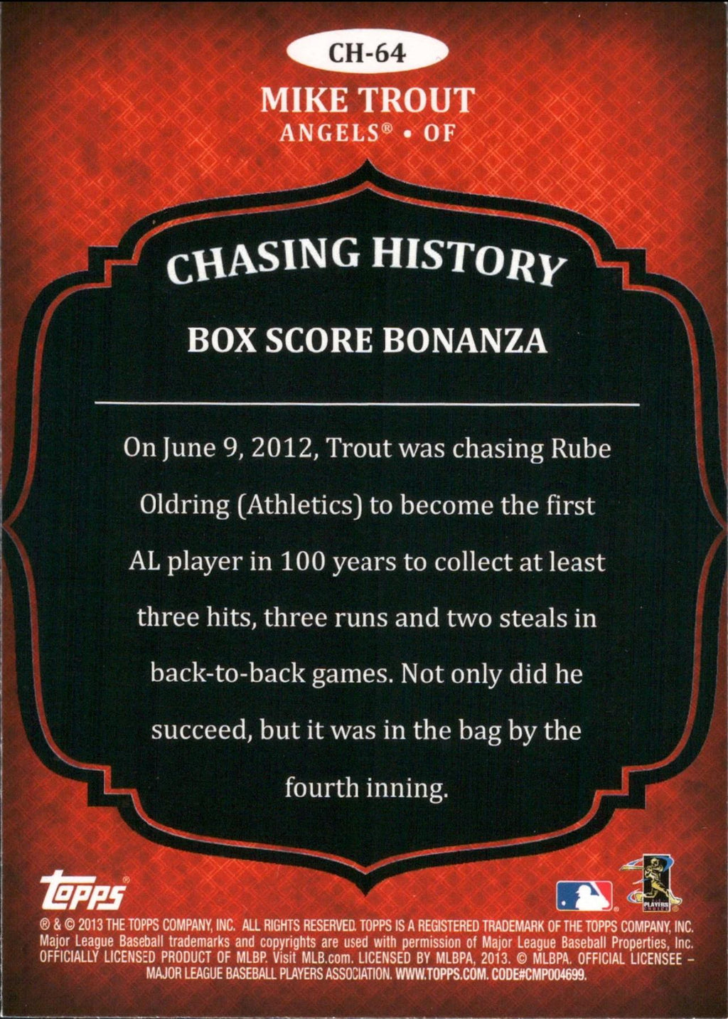 2013 Topps Chasing History Gold Foil #CH-64 Mike Trout Los Angeles Angels