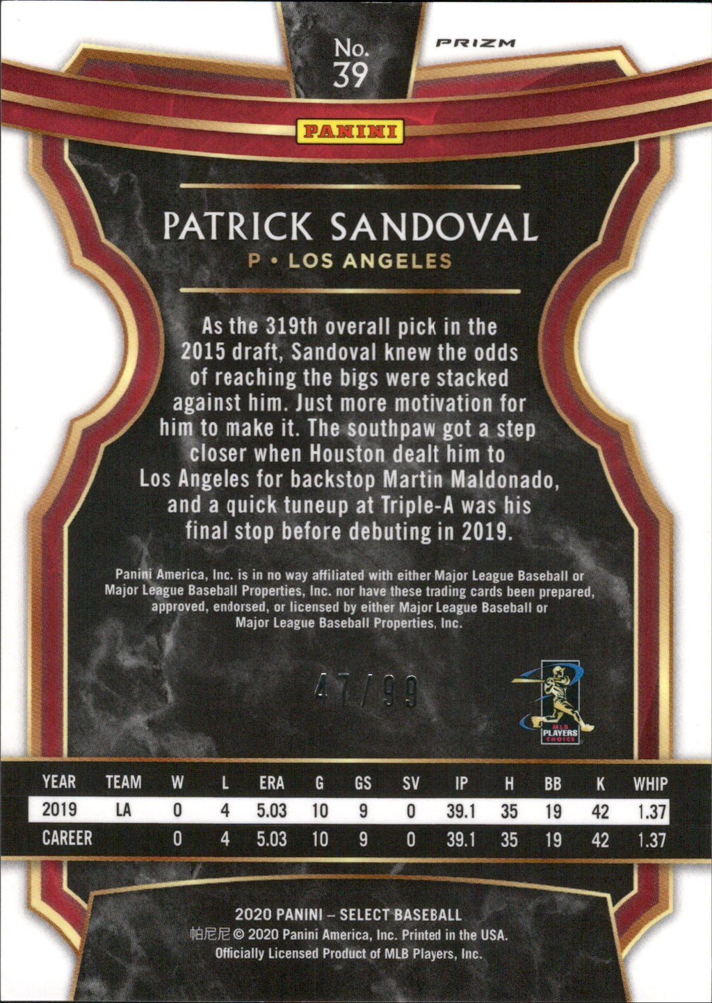 2020 Panini Select Neon Green #39 Patrick Sandoval RC #/99 Los Angeles Angels