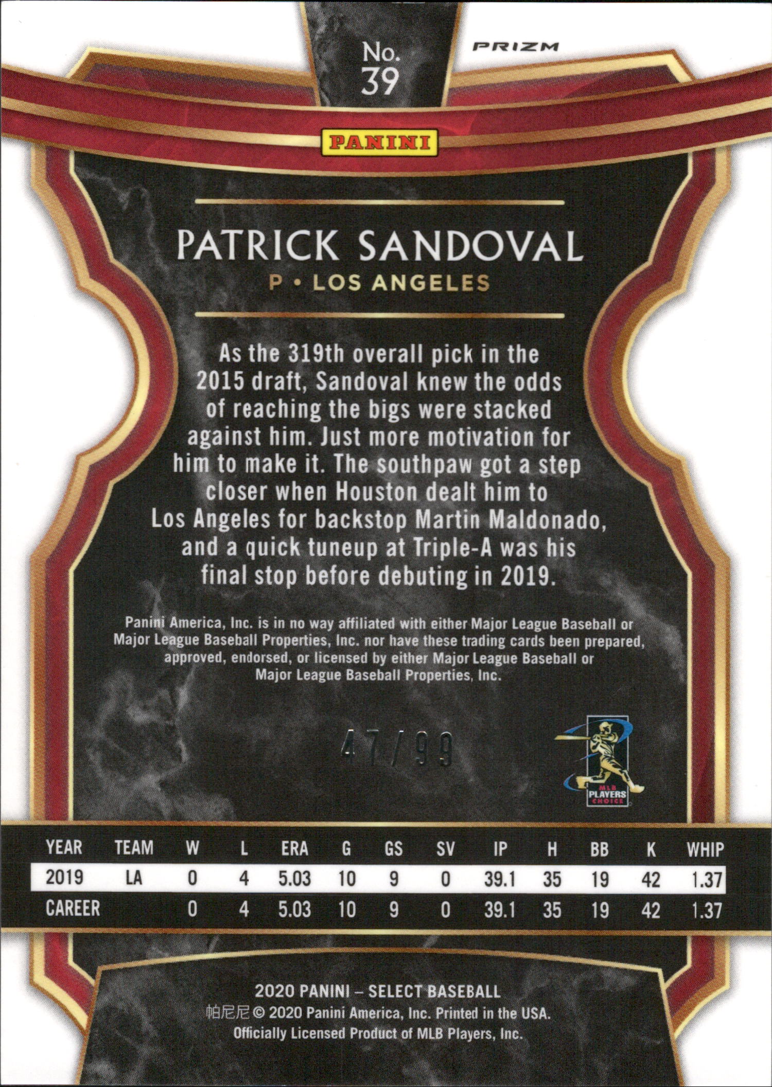 2020 Panini Select Neon Green #39 Patrick Sandoval RC #/99 Los Angeles Angels
