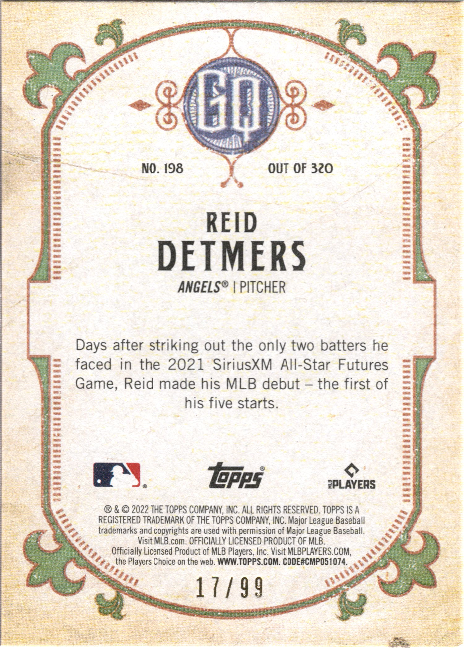 2022 Topps Gypsy Queen Chrome Blue #198 Reid Detmers RC #/99 Los Angeles Angels