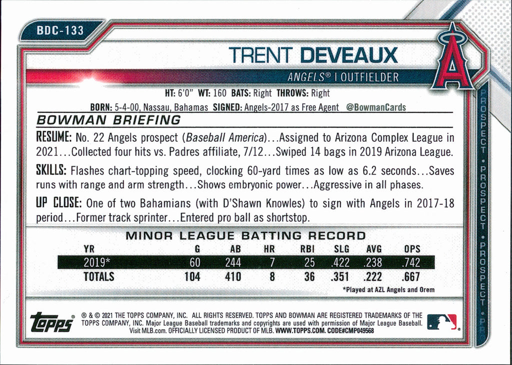 2021 Bowman Draft Chrome Green Refractor #BDC-133 Trent Deveaux #/99 Angels