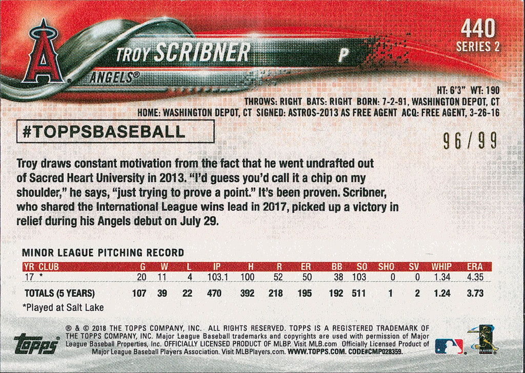 2018 Topps Vintage Stock #440 Troy Scribner RC #/99 Los Angeles Angels