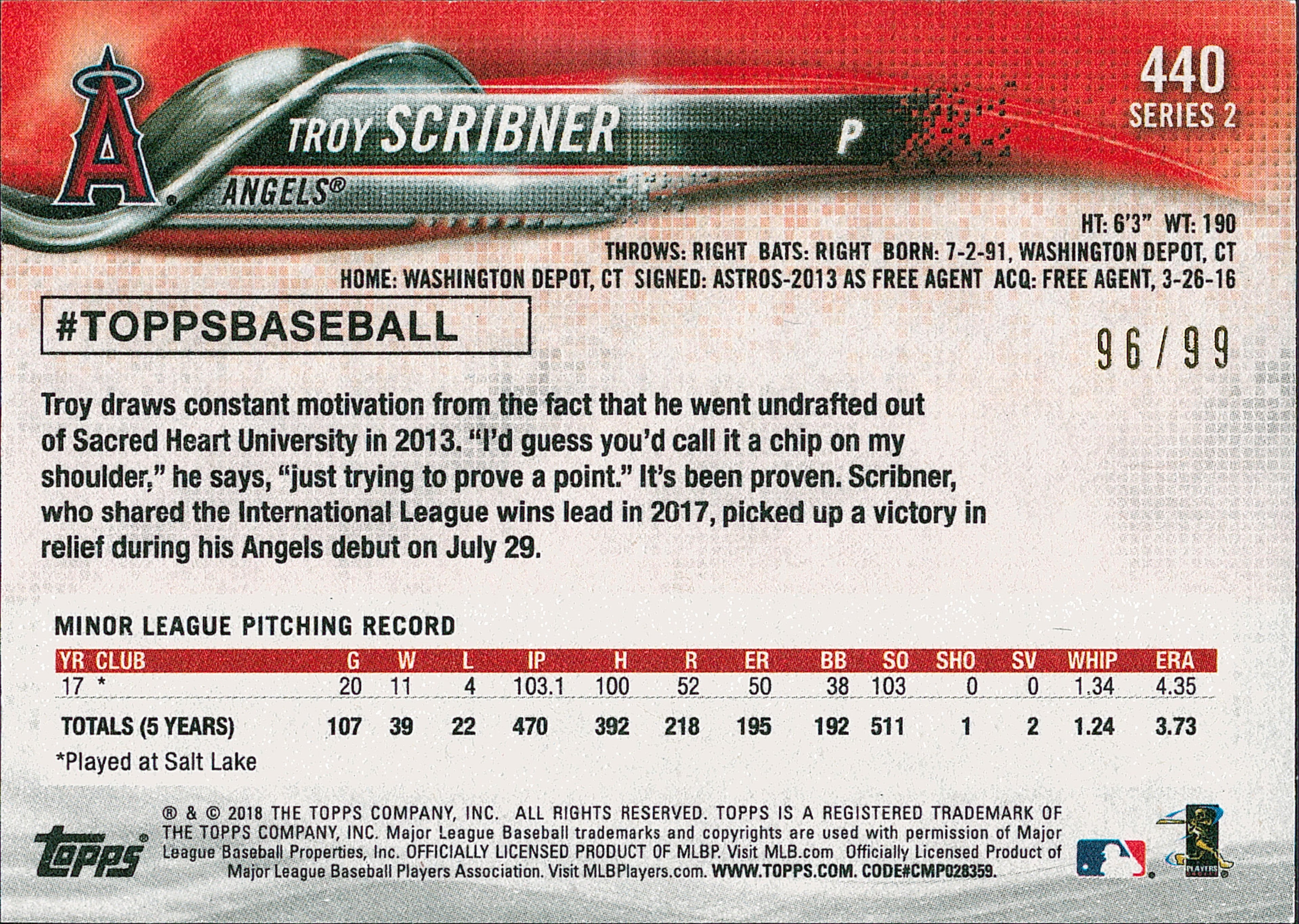 2018 Topps Vintage Stock #440 Troy Scribner RC #/99 Los Angeles Angels