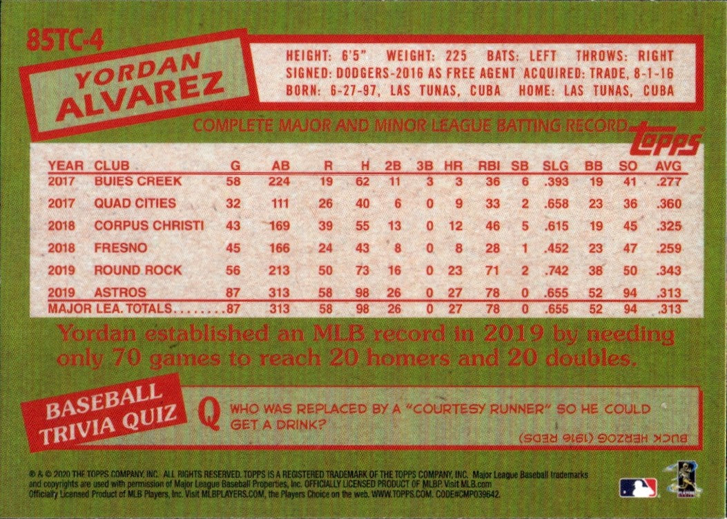 2020 Topps Chrome 1985 Topps Baseball #85TC-4 Yordan Alvarez RC Houston Astros