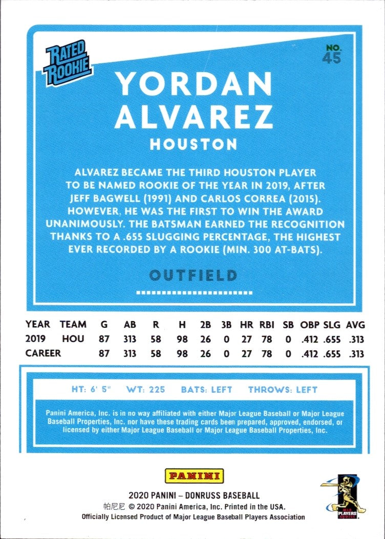2020 Donruss #45 Yordan Alvarez RC Houston Astros
