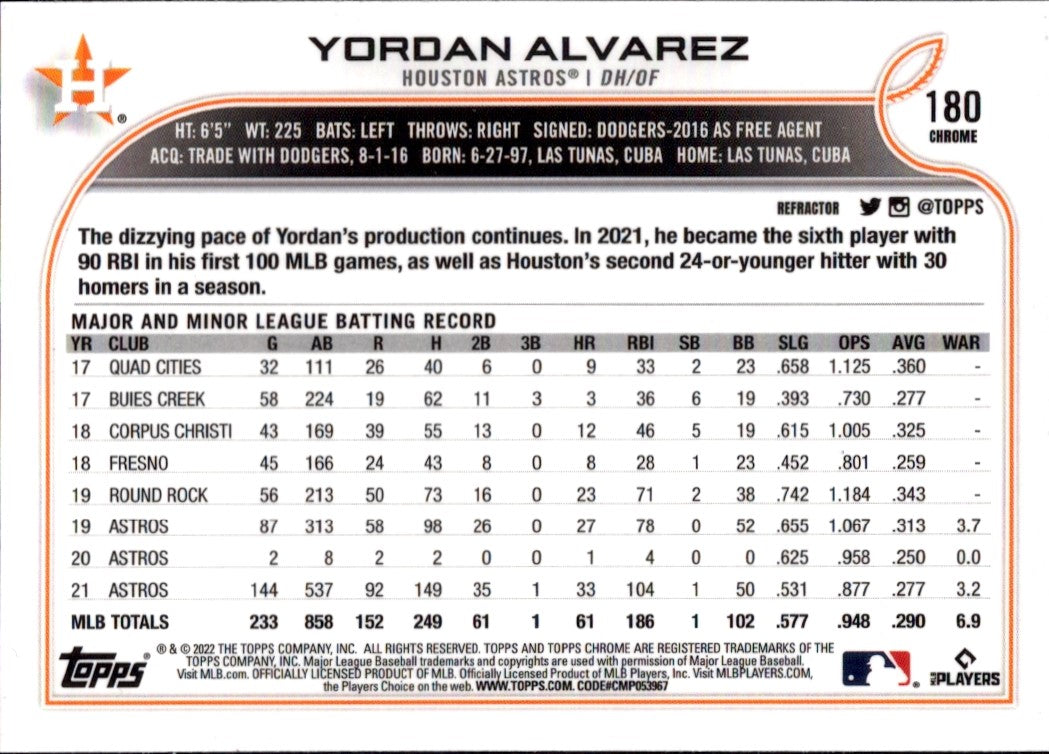 2022 Topps Chrome Refractor #180 Yordan Alvarez Houston Astros