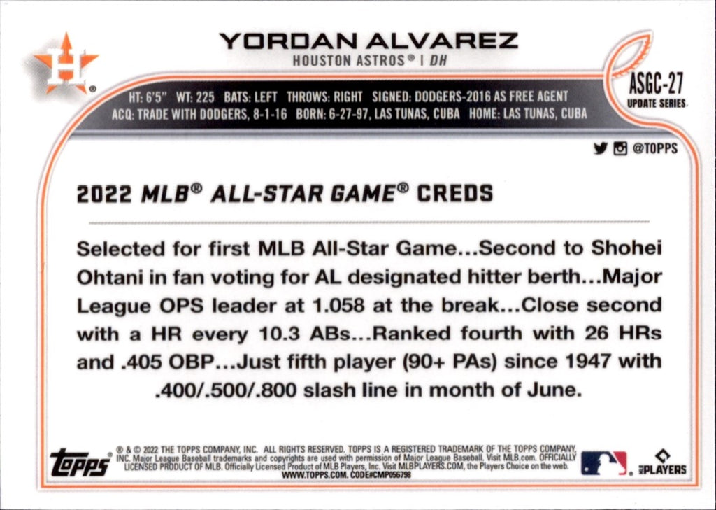 2022 Topps Update 2022 MLB All-Star Game #ASG-27 Yordan Alvarez Houston Astros
