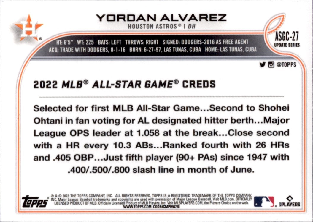 2022 Topps Update 2022 MLB All-Star Game #ASG-27 Yordan Alvarez Houston Astros