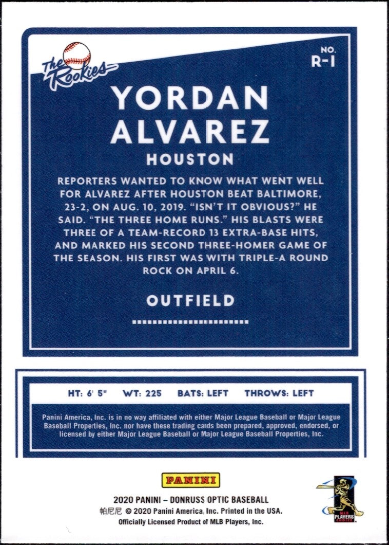 2020 Donruss Optic The Rookies #R-1 Yordan Alvarez RC Houston Astros
