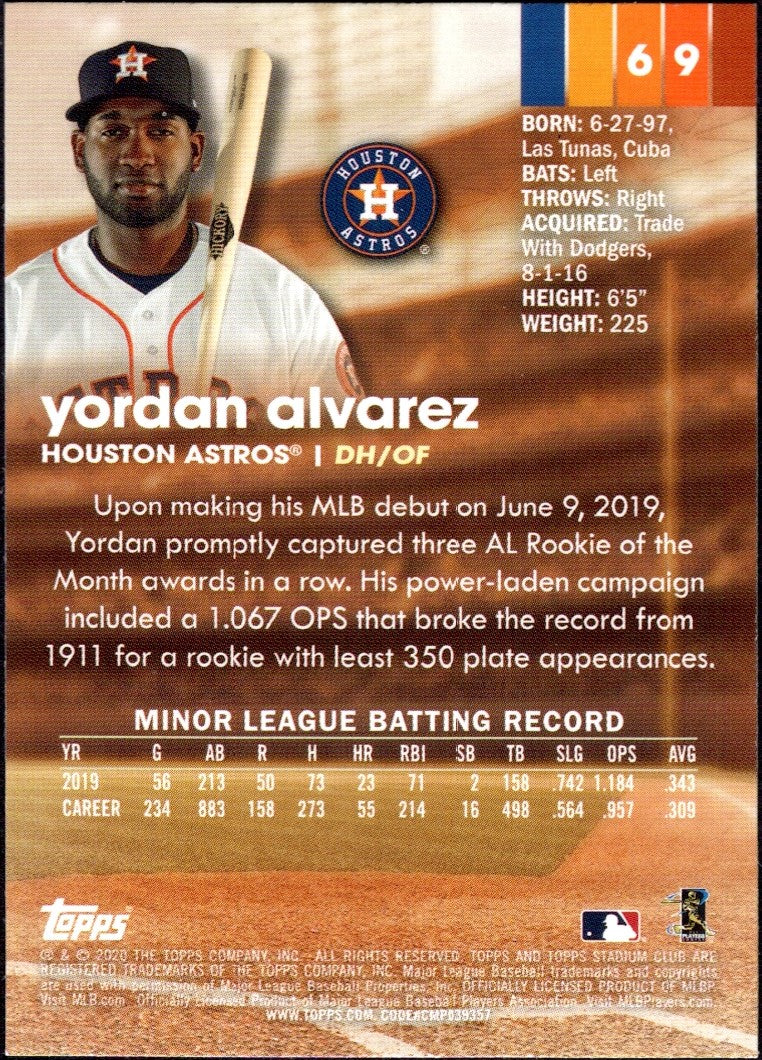 2020 Stadium Club #69 Yordan Alvarez RC Houston Astros
