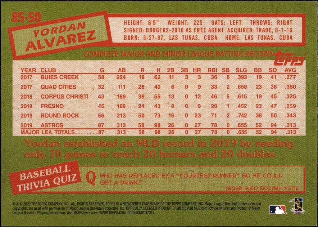 2020 Topps 1985 Baseball 35th Anniversary #85-50 Yordan Alvarez RC Astros