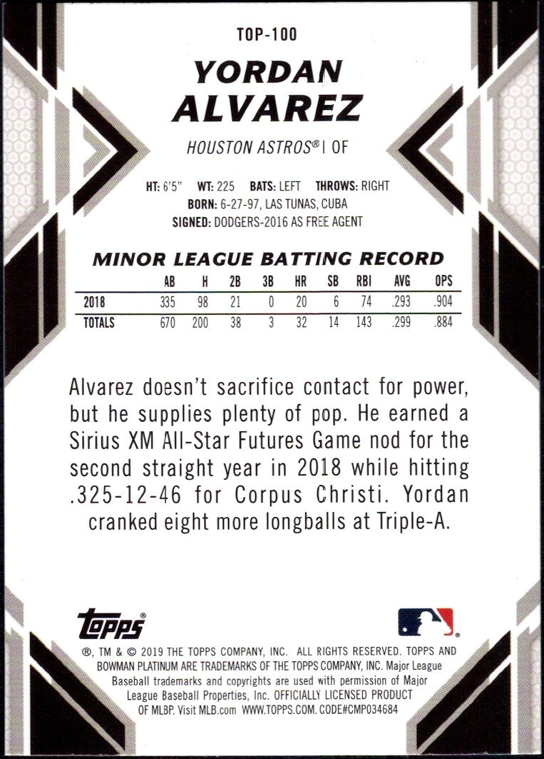 2019 Bowman Platinum Top Prospects #TOP-100 Yordan Alvarez Houston Astros