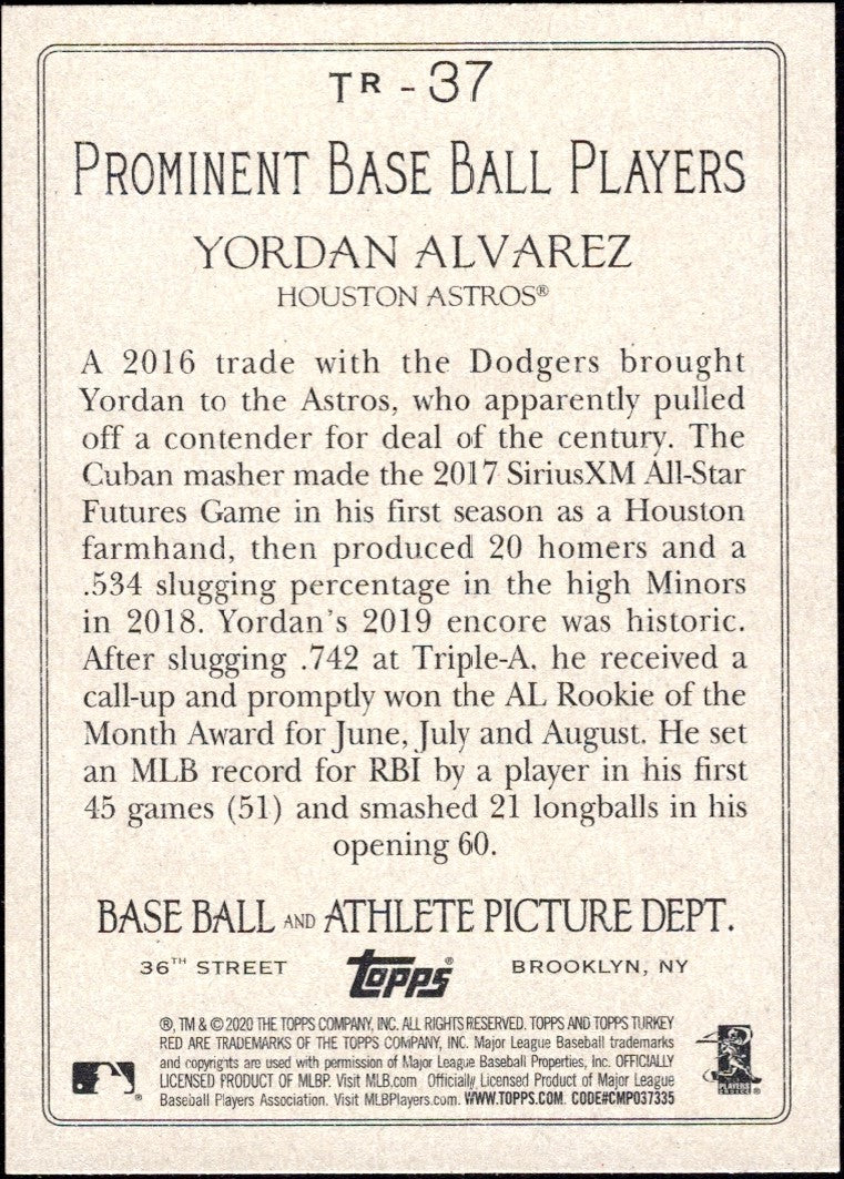 2020 Topps Turkey Red 2020 #TR-37 Yordan Alvarez RC Houston Astros