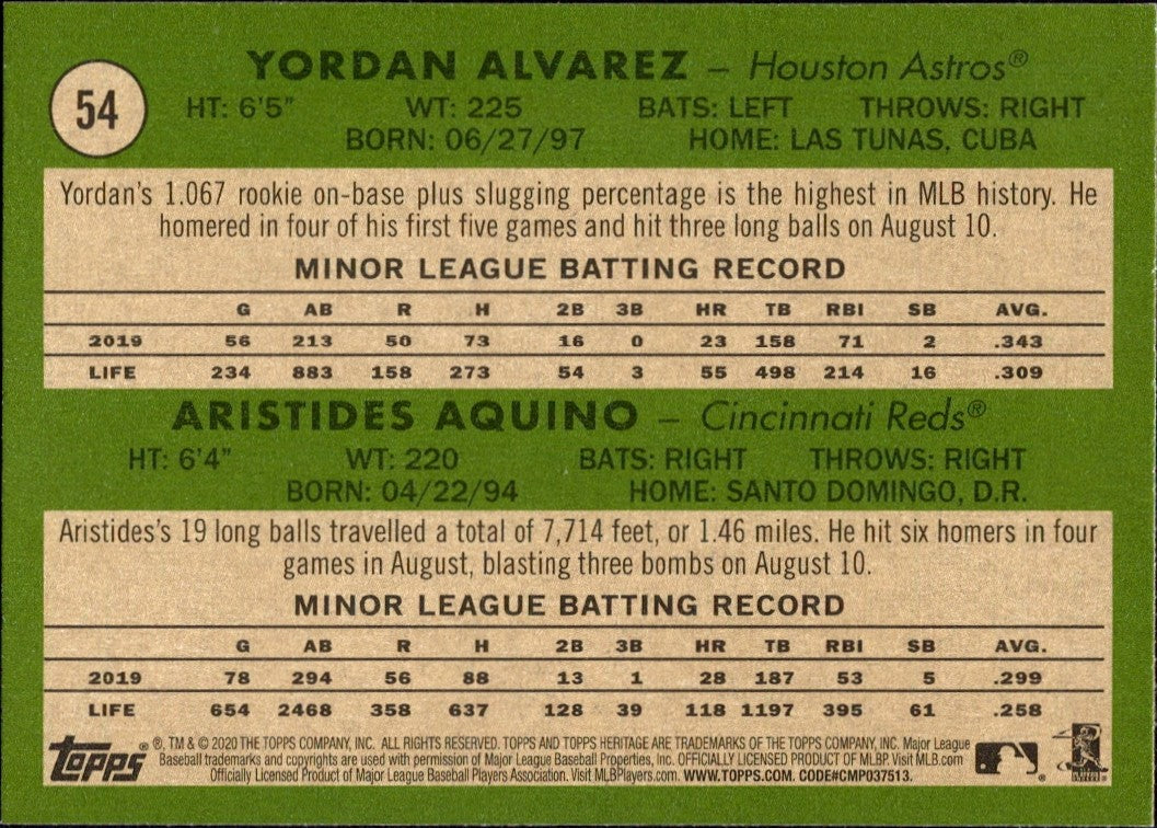 2020 Topps Heritage #54 AL/NL 2020 Rookie Stars Yordan Alvarez/Aristides Aquino