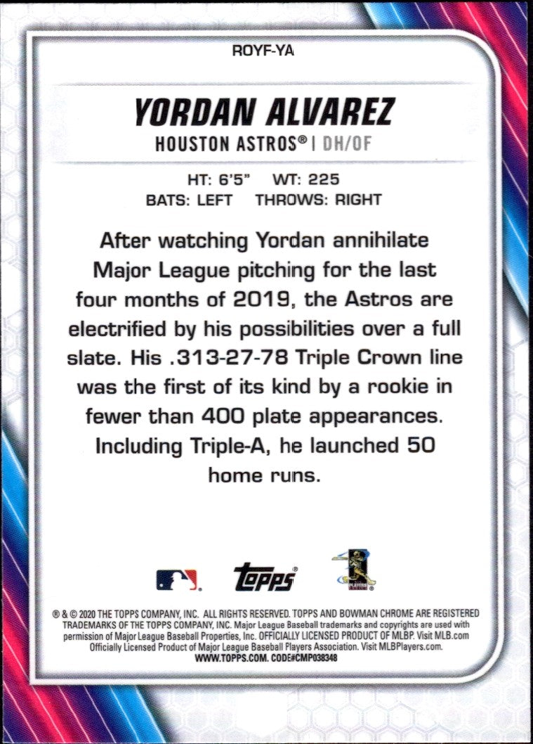 2020 Bowman Chrome Rookie of the Year Favorites #ROYF-YA Yordan Alvarez Astros