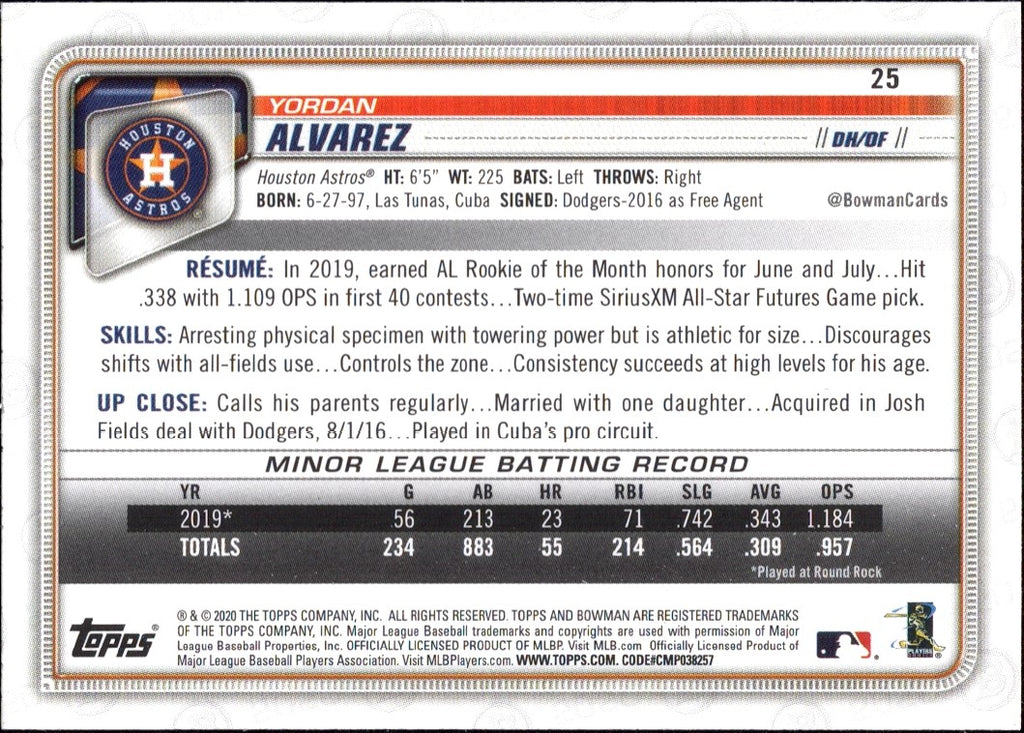 2020 Bowman #25 Yordan Alvarez RC Houston Astros