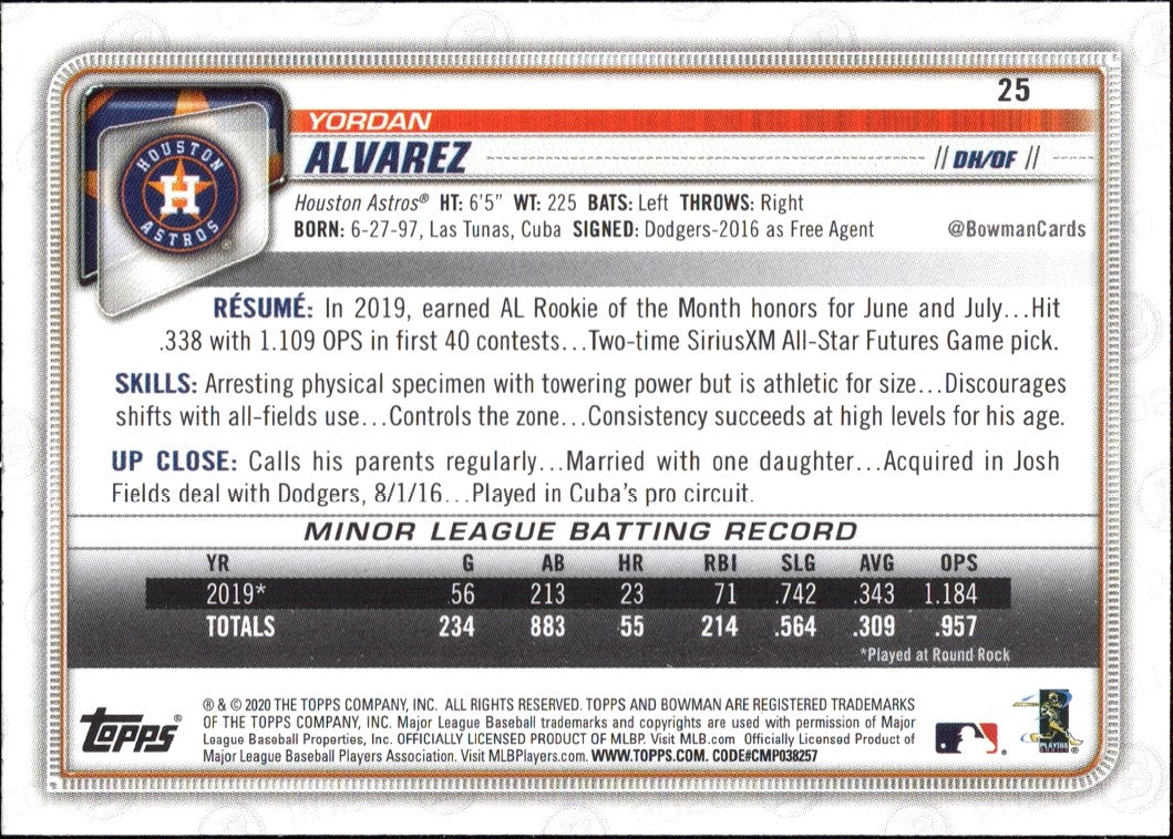 2020 Bowman #25 Yordan Alvarez RC Houston Astros