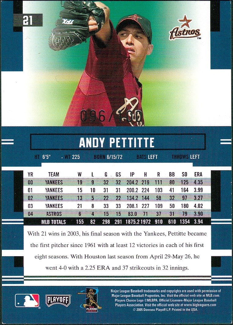 2005 Playoff Prestige Xtra Bases Purple #21 Andy Pettitte #/100 Houston Astros