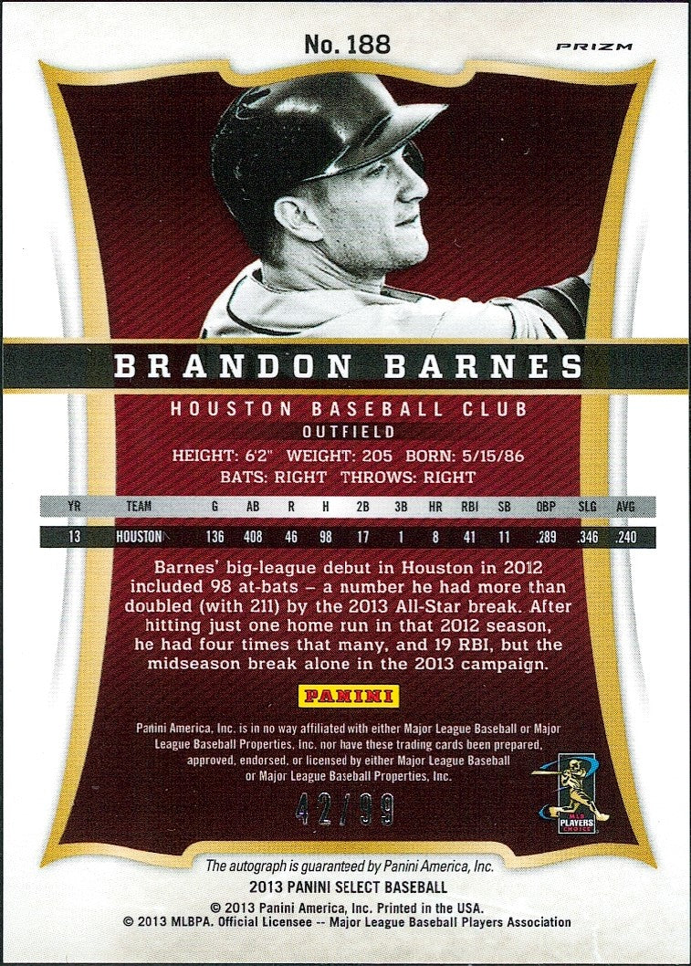2013 Panini Select Prizm #188 Brandon Barnes RC Auto #/99 Houston Astros