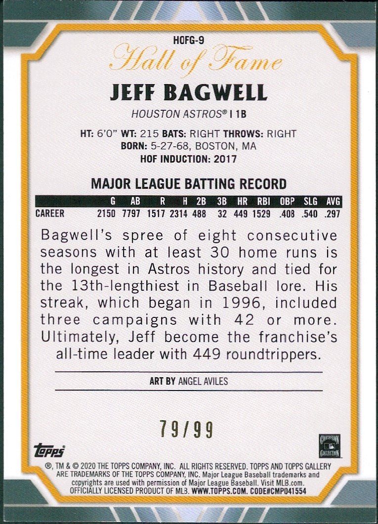 2020 Topps Gallery Hall of Fame Gallery Blue #HOFG-9 Jeff Bagwell #/99 Astros