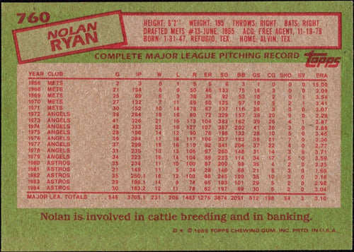 1985 Topps #760 Nolan Ryan Houston Astros
