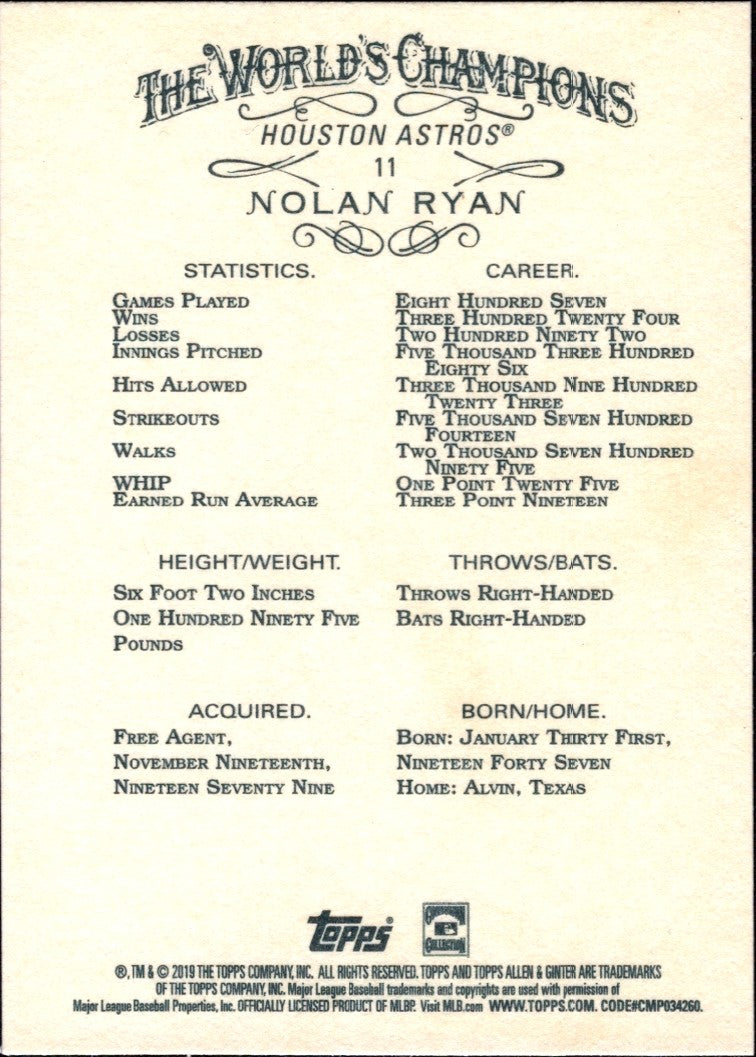 2019 Topps Allen & Ginter Gold #11 Nolan Ryan Houston Astros