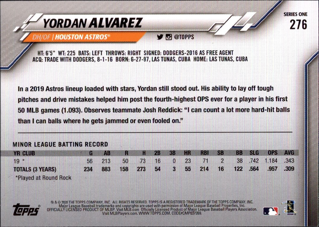 2020 Topps #276 Yordan Alvarez RC Houston Astros