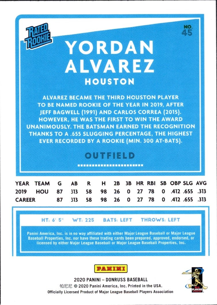 2020 Donruss Holo Blue #45 Yordan Alvarez RC Houston Astros