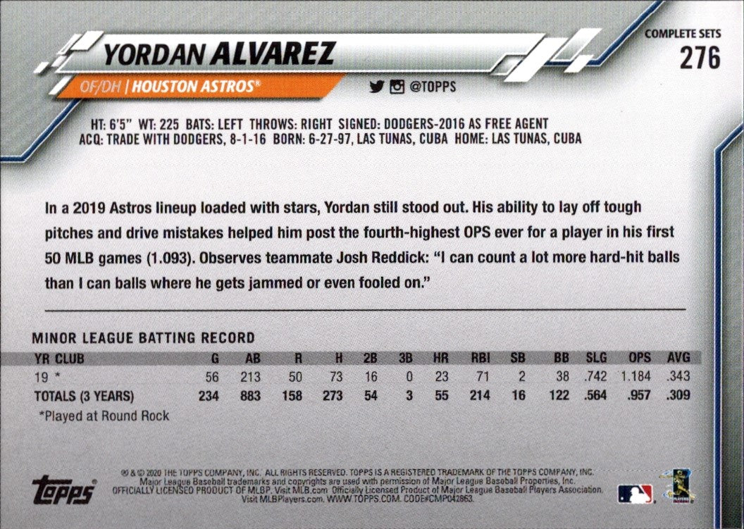 2020 Topps Factory Set Bonus: Rookie Image Variation #276 Yordan Alvarez Astros