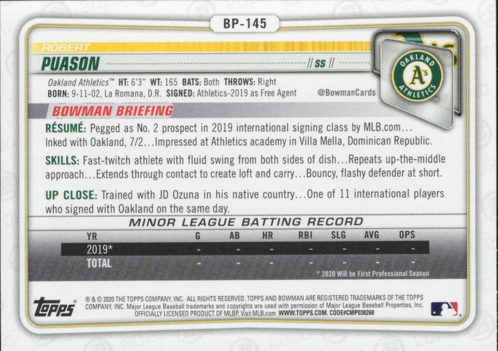 2020 Bowman Prospects #BP-145 Robert Puason Oakland Athletics