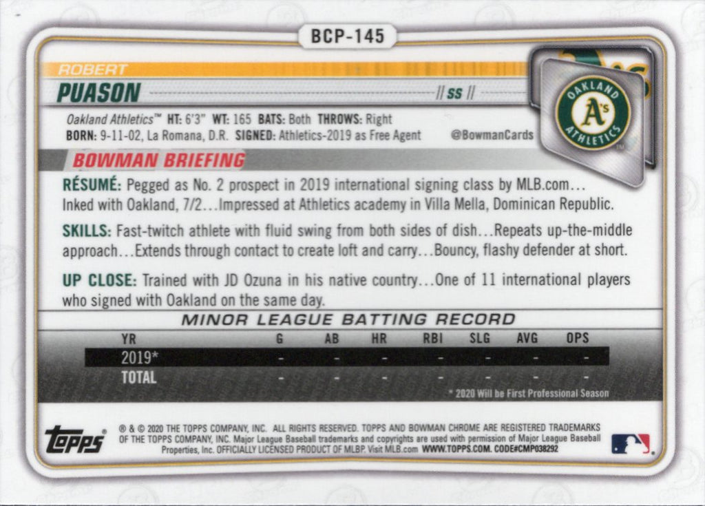 2020 Bowman Chrome Prospects #BCP-145 Robert Puason Oakland Athletics