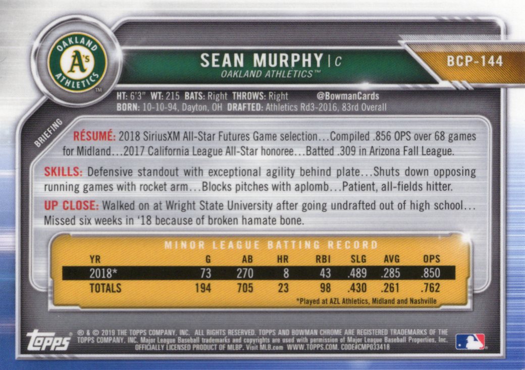 2019 Bowman Chrome Prospects Mojo Refractors Purple #BCP-144 Sean Murphy #/250