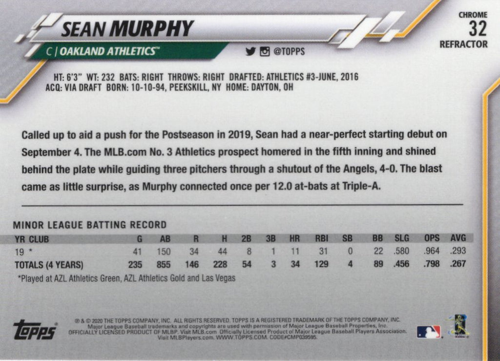 2020 Topps Chrome Pink Refractor #32 Sean Murphy RC Oakland Athletics