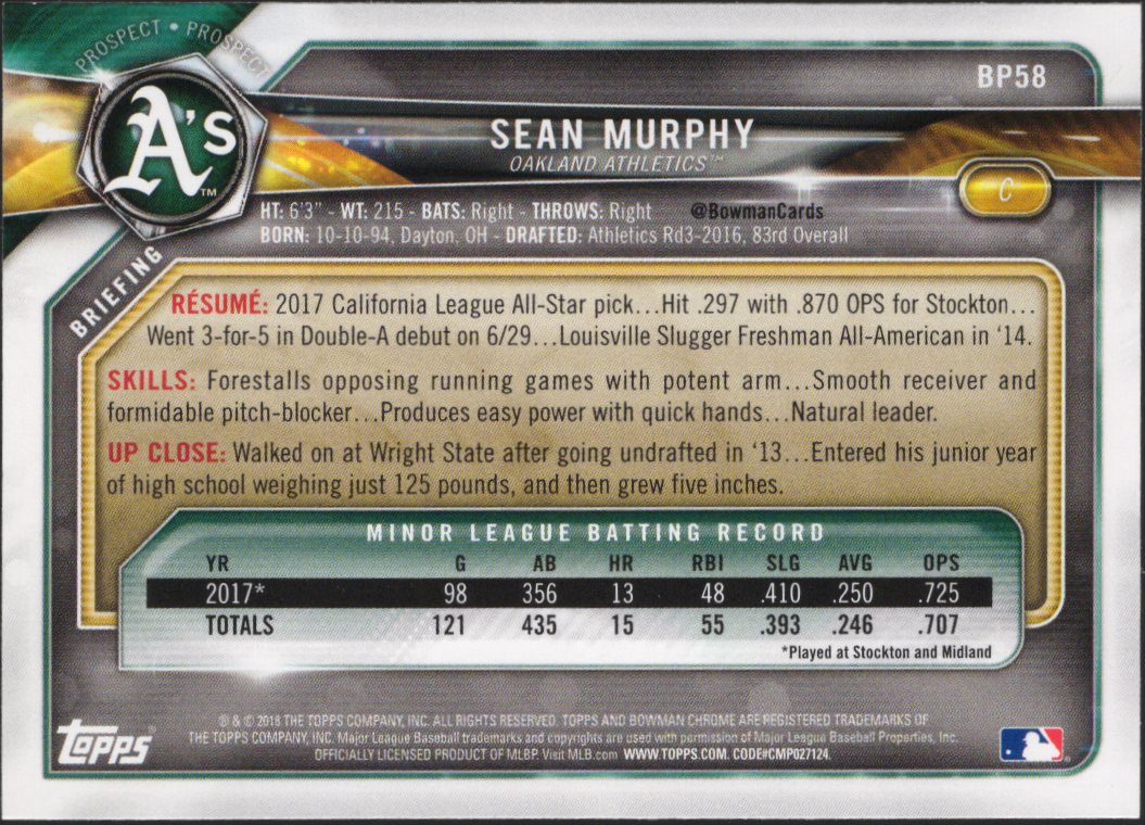 2018 Bowman Prospects Camo #BP58 Sean Murphy Oakland Athletics