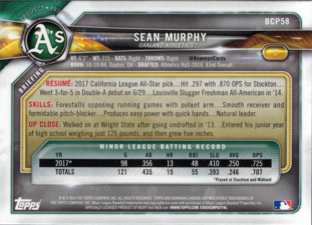 2018 Bowman Chrome Prospects #BCP58 Sean Murphy Oakland Athletics