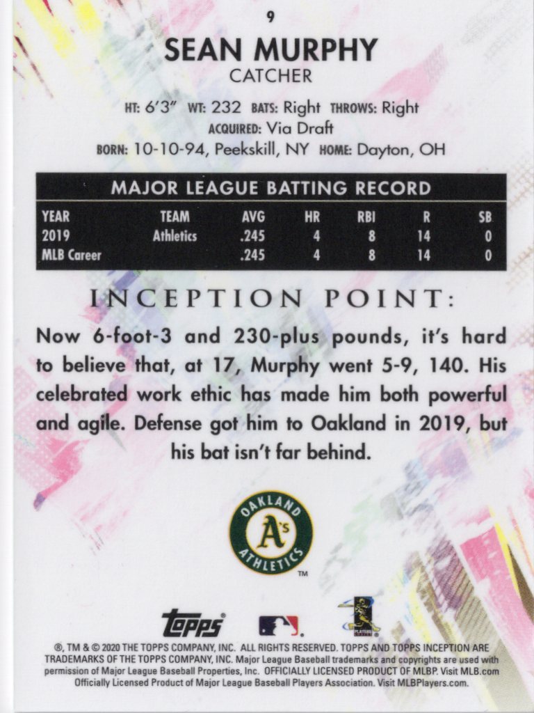2020 Topps Inception Green #9 Sean Murphy RC Oakland Athletics