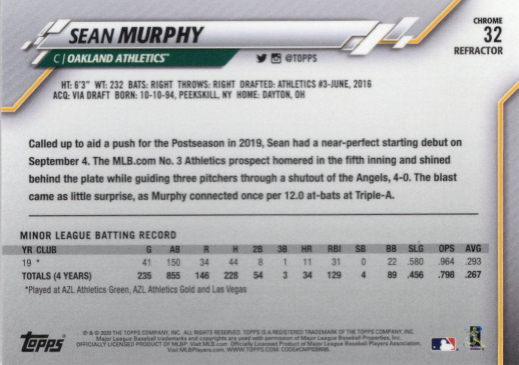 2020 Topps Chrome Sepia Refractor #32 Sean Murphy RC Oakland Athletics