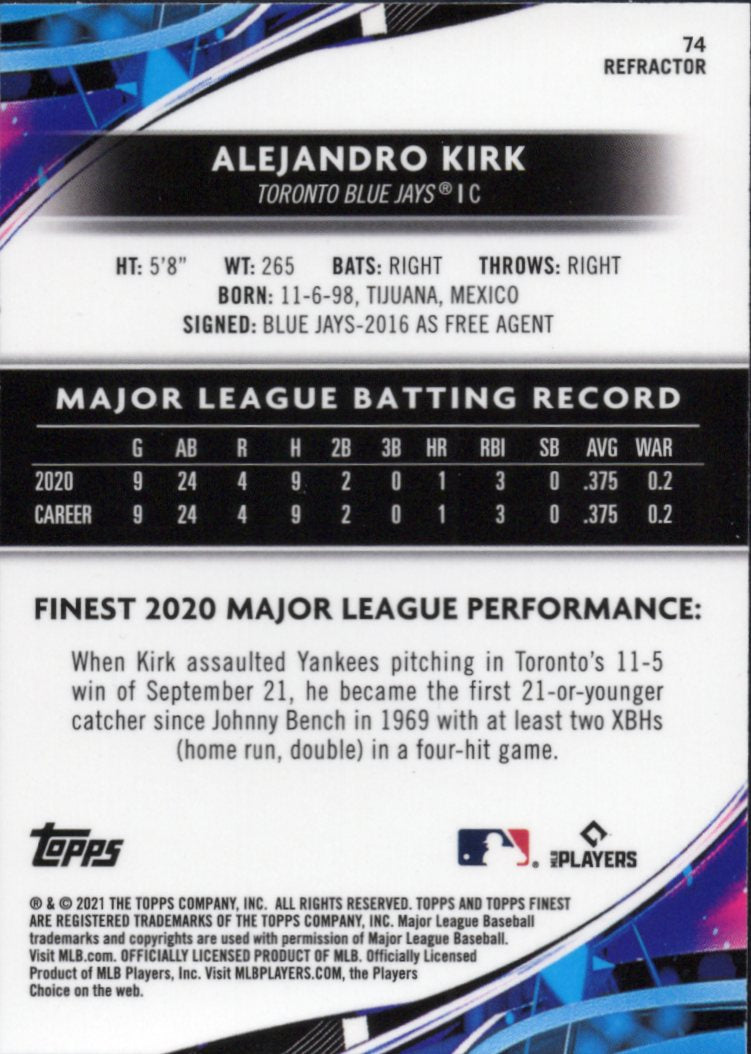 2021 Finest Refractor #74 Alejandro Kirk Rookie Toronto Blue Jays