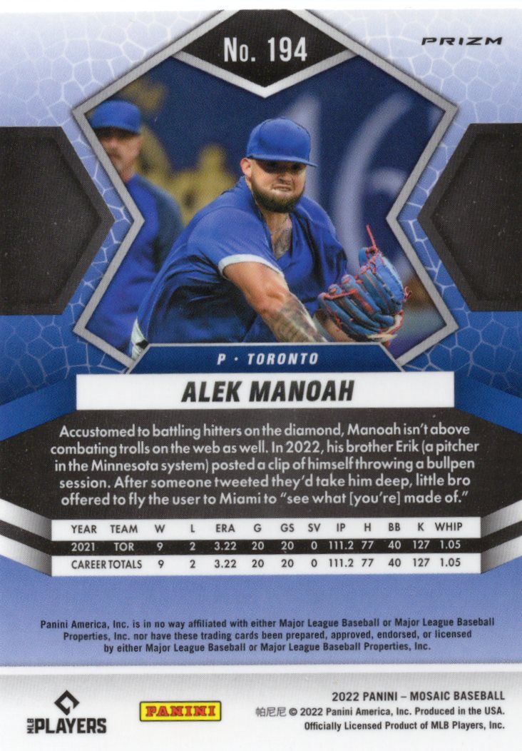 2022 Panini Mosaic Silver Prizm #194 Alek Manoah Toronto Blue Jays