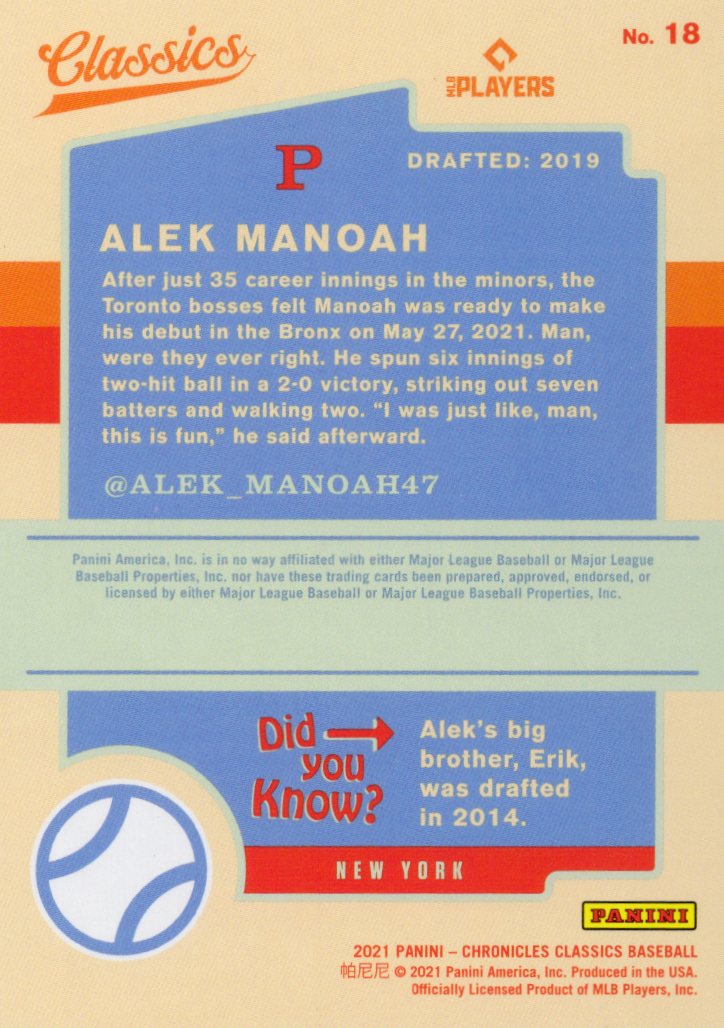 2021 Panini Chronicles Classics #18 Alek Manoah RC Toronto Blue Jays