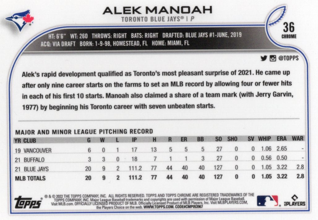 2022 Topps Chrome Pink Refractor #36 Alek Manoah Toronto Blue Jays