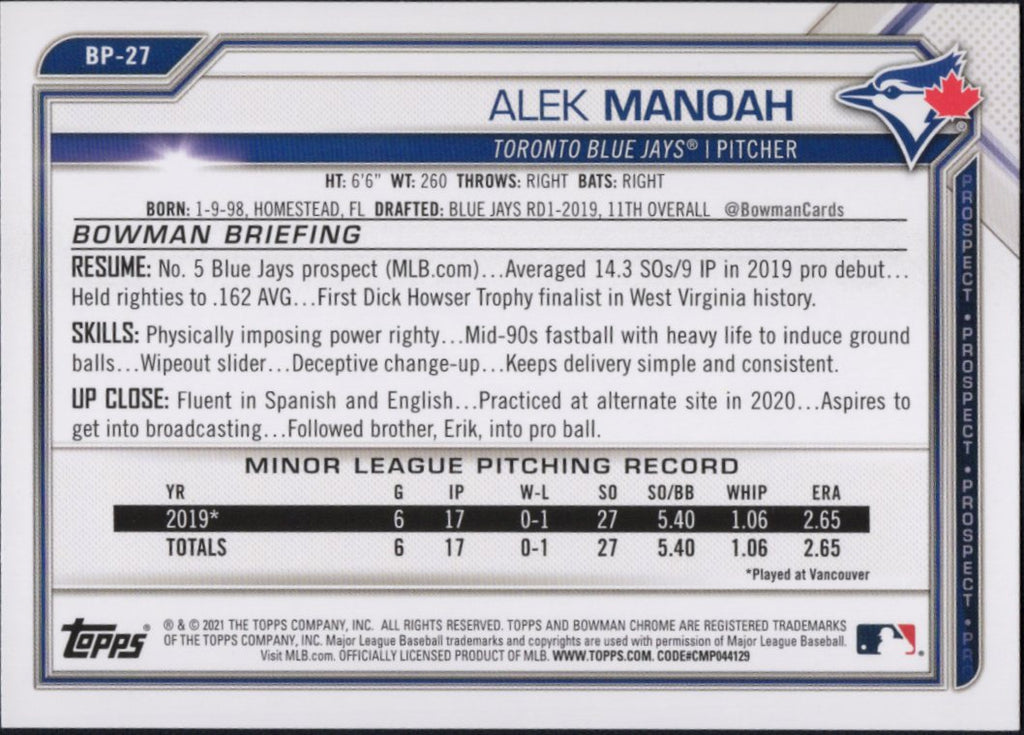 2021 Bowman Prospects #BP-27 Alek Manoah Toronto Blue Jays