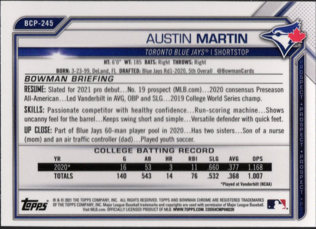 2021 Bowman Chrome Prospects Mojo Refractor #BCP-245 Austin Martin Blue Jays