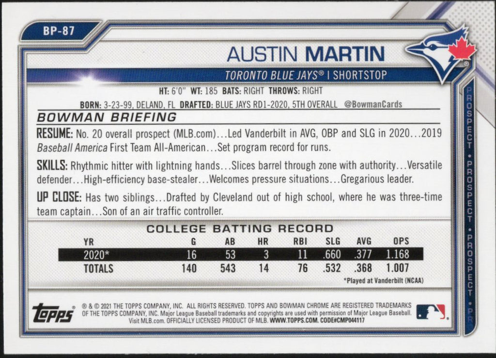 2021 Bowman Prospects #BP-87 Austin Martin Toronto Blue Jays