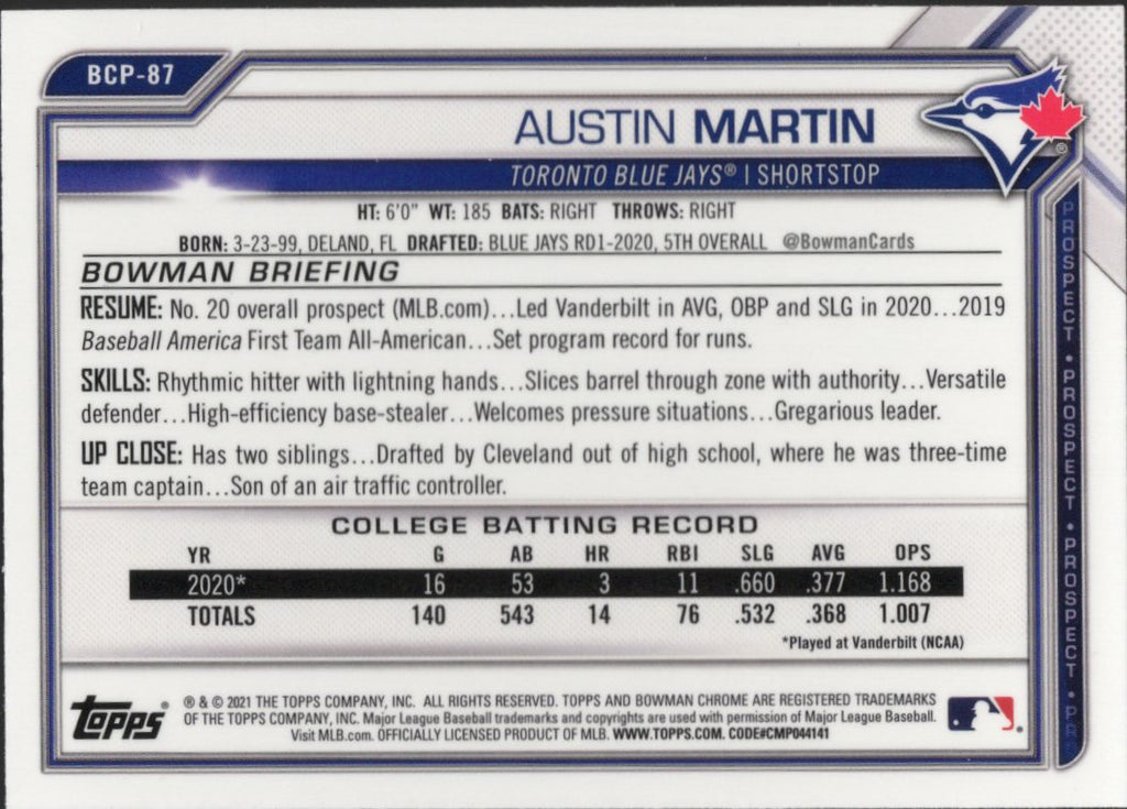 2021 Bowman Chrome Prospects #BCP-87 Austin Martin Toronto Blue Jays