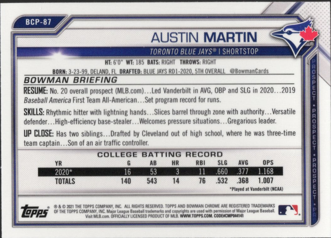 2021 Bowman Chrome Prospects #BCP-87 Austin Martin Toronto Blue Jays
