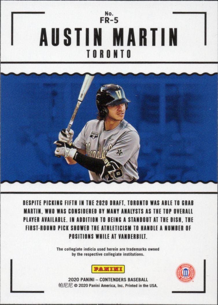 2020 Panini Contenders First Rounders #FR-5 Austin Martin Toronto Blue Jays