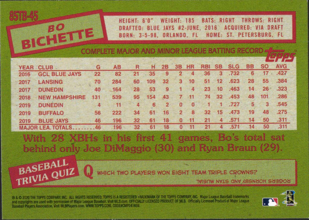 2020 Topps Update 1985 Topps Baseball 35th Anniversary #85TB-45 Bo Bichette RC