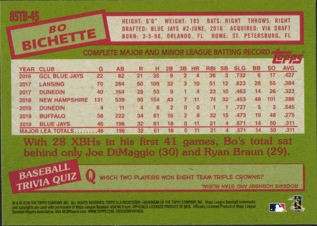 2020 Topps Update 1985 Topps Baseball 35th Anniversary #85TB-45 Bo Bichette RC