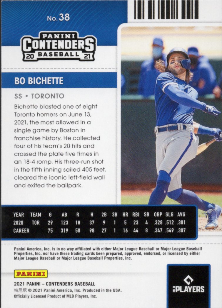 2021 Panini Contenders #38 Bo Bichette Toronto Blue Jays